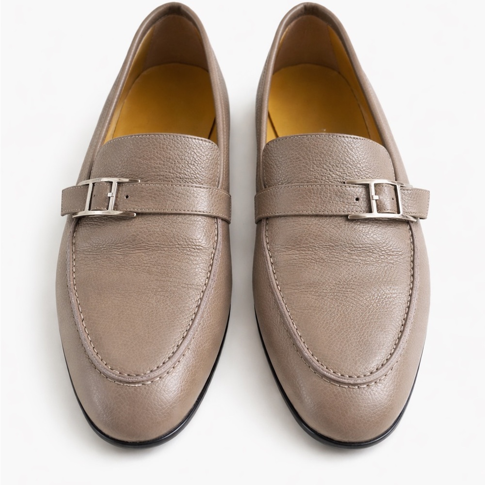 Hermès Paris Taupe Pebbled Leather Buckle Loafers EU 39 Quiet Luxury